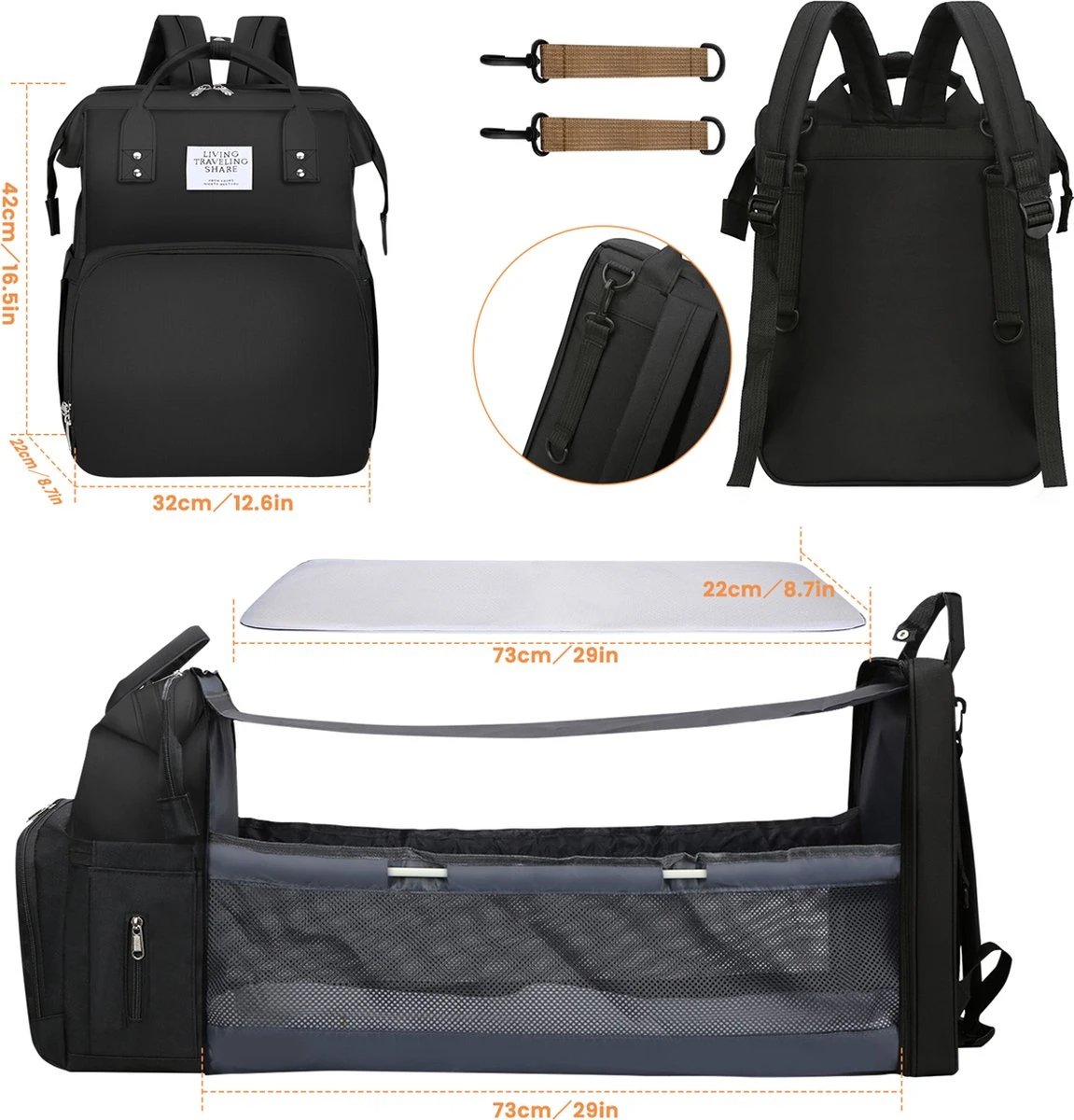 Merkloos Luiertas Rugzak - Luiertassen Met Babybed - Grote Luiertas Met Wieg - Luiertas Verzorgingstas Met Babybedje - Verzorgingsrugzak - Zwart 6 Merkloos Luiertas Rugzak - Luiertassen Met Babybed - Grote Luiertas Met Wieg - Luiertas Verzorgingstas Met Babybedje - Verzorgingsrugzak - Zwart - Afbeelding 6