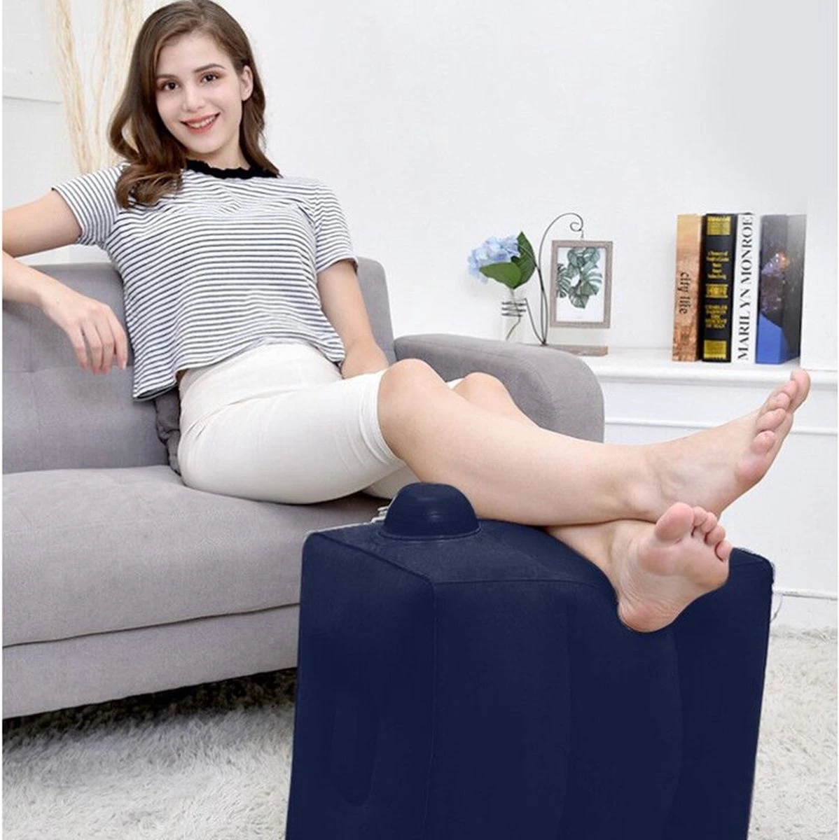 TDR-Opblaasbaar Voetkussen - 3 Hoogtestanden - Vliegtuigbedje - Blauw 2 TDR-Opblaasbaar Voetkussen - 3 Hoogtestanden - Vliegtuigbedje - Blauw - Afbeelding 2