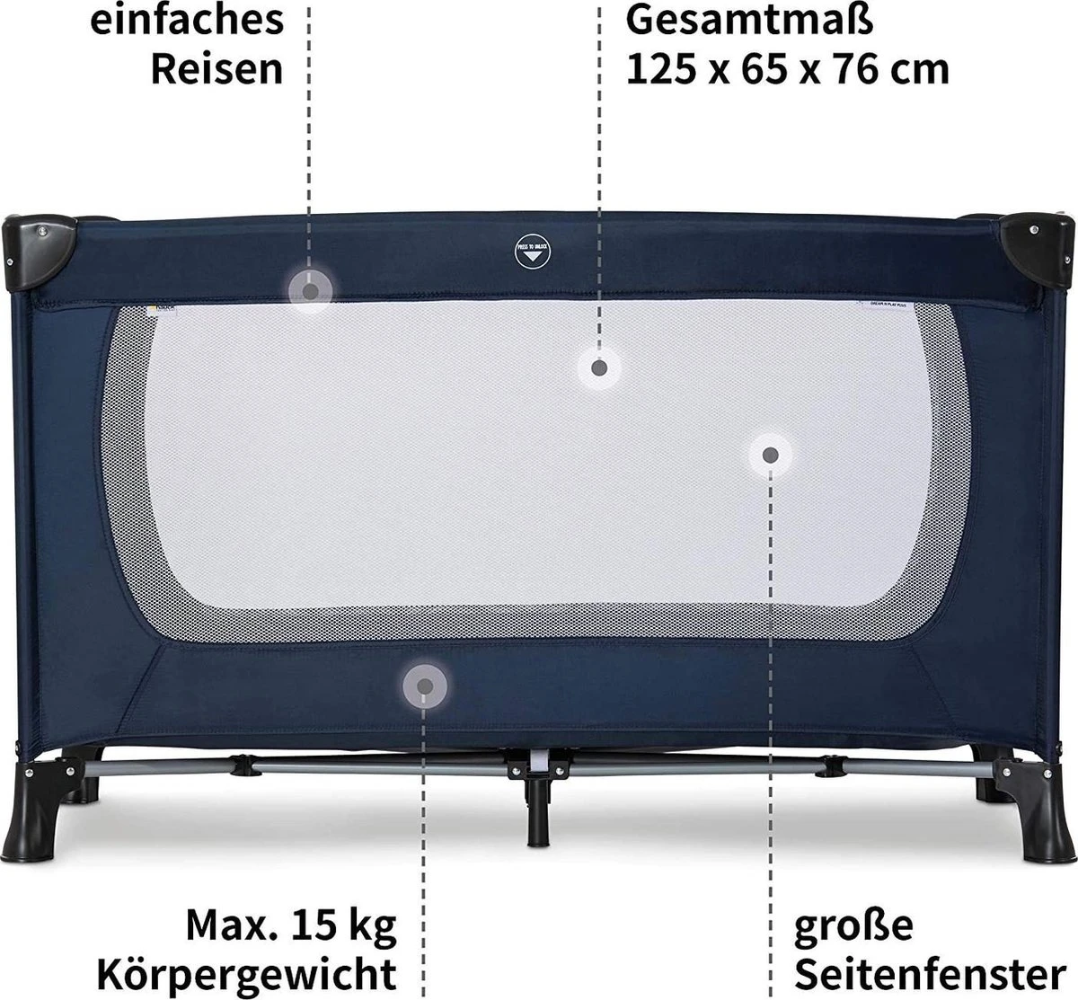 Hauck Dream N Play Plus Campingbedje Set - Met Matras En Muggennet - Navy 2 Hauck Dream N Play Plus Campingbedje Set - Met Matras En Muggennet - Navy - Afbeelding 2