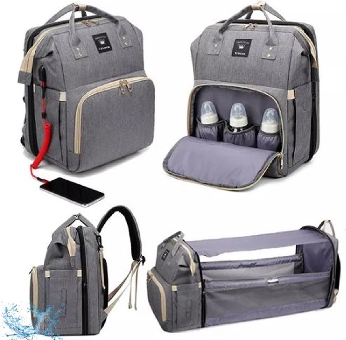 Luier- En Verzorgingstas - Luiertassen - Baby Rug Tas Met Isoleervak - Incl Flessen Verwarmer - Luiertas - Unisex/Jongens/Meisjes - Grijs - Luier Tas - Verzorgingstas Baby - Uitschuifbaar Verschoon/ Slaap Bedje - Incl Matrasje Baby - USB Poort 10 Luier- En Verzorgingstas - Luiertassen - Baby Rug Tas Met Isoleervak - Incl Flessen Verwarmer - Luiertas - Unisex/Jongens/Meisjes - Grijs - Luier Tas - Verzorgingstas Baby - Uitschuifbaar Verschoon/ Slaap Bedje - Incl Matrasje Baby - USB Poort - Afbeelding 10