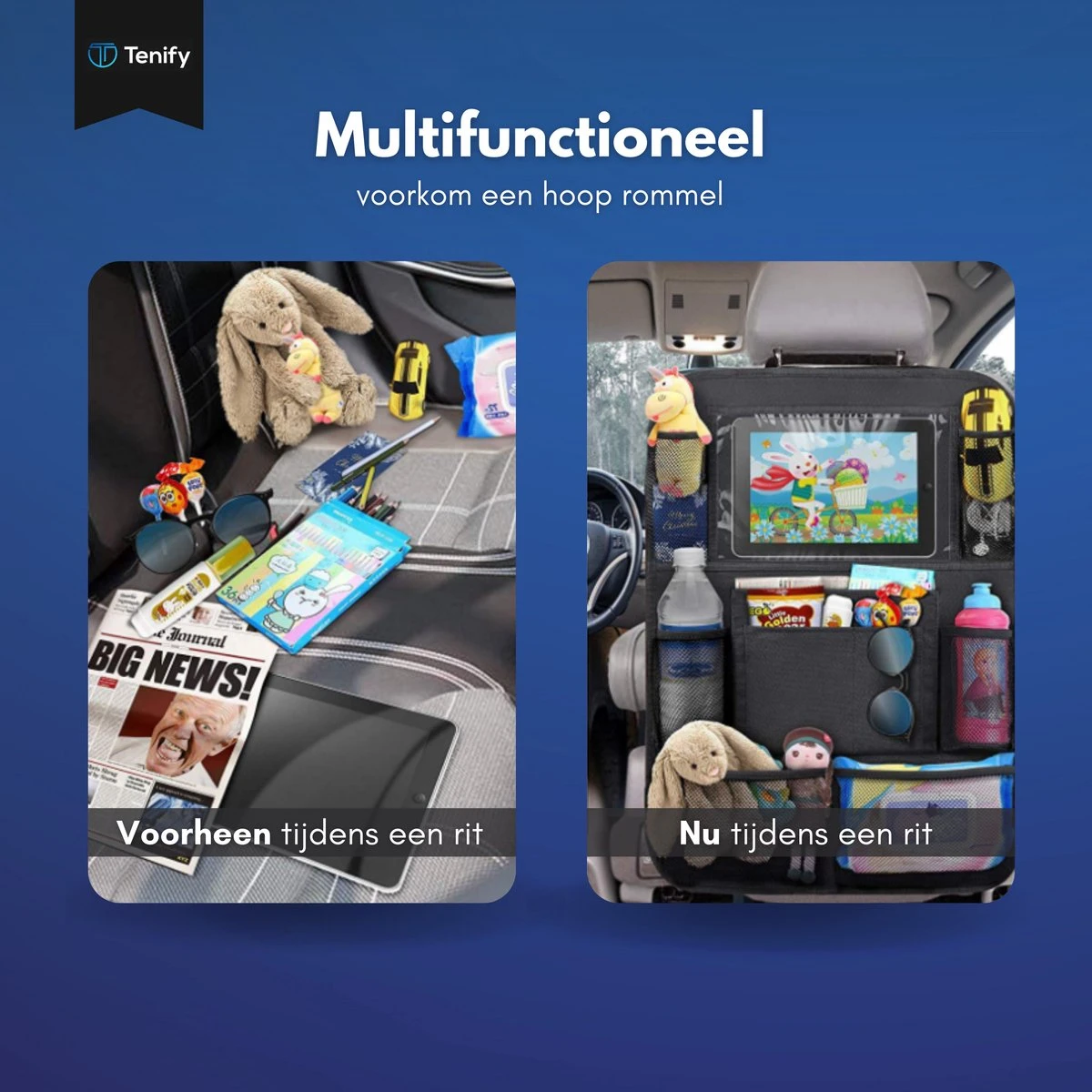 Tenify Premium Luxe & Stevige Auto Organizer Met Tablet Houder - Set Van 2 - Extra Opbergruimte - Beschermer - Autostoel - Accessories 6 Tenify Premium Luxe & Stevige Auto Organizer Met Tablet Houder - Set Van 2 - Extra Opbergruimte - Beschermer - Autostoel - Accessories - Afbeelding 6