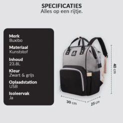 Buxibo Luier- En Verzorgingstas Inclusief USB Oplaadstation - Baby Rug Tas Met Isoleervak - Diaper Backpack Bag - Reis Rugzak - Grote Capaciteit - 23.8L - Zwart -Lionelo Winkel 1200x1200 494
