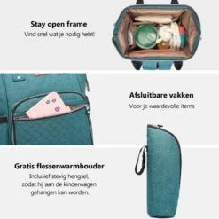 Miss Lulu Luiertas Rugzak - Inclusief Buggy En Kinderwagen Haken - Groen (E6705 GN) -Lionelo Winkel 1200x1200 511