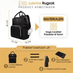 NanaBeebi Luiertas Rugzak Met Verschoonmatje - Zwart - Inclusief Flessenwarmhouder - Kinderwagenhaken En Isoleervak -Lionelo Winkel 1200x1200 545