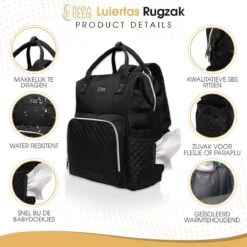 NanaBeebi Luiertas Rugzak Met Verschoonmatje - Zwart - Inclusief Flessenwarmhouder - Kinderwagenhaken En Isoleervak -Lionelo Winkel 1200x1200 551