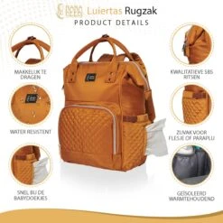 NanaBeebi Luiertas Rugzak Met Verschoonmatje - Cognac - Inclusief Flessenwarmhouder - Kinderwagenhaken En Isoleervak -Lionelo Winkel 1200x1200 603