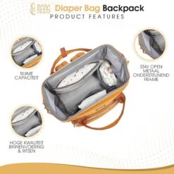 NanaBeebi Luiertas Rugzak Met Verschoonmatje - Cognac - Inclusief Flessenwarmhouder - Kinderwagenhaken En Isoleervak -Lionelo Winkel 1200x1200 605