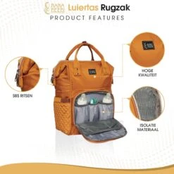 NanaBeebi Luiertas Rugzak Met Verschoonmatje - Cognac - Inclusief Flessenwarmhouder - Kinderwagenhaken En Isoleervak -Lionelo Winkel 1200x1200 606