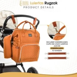 NanaBeebi Luiertas Rugzak Met Verschoonmatje - Cognac - Inclusief Flessenwarmhouder - Kinderwagenhaken En Isoleervak -Lionelo Winkel 1200x1200 608