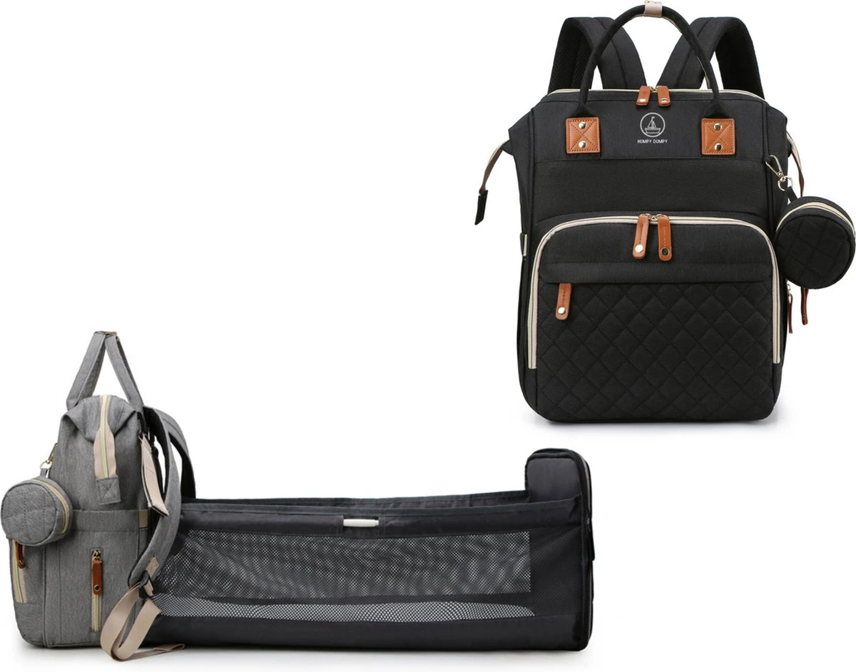 Humpy Dumpy Stijlvolle Luiertas Rugzak (Zwart) Met Uitschuifbaar Verschoon/ Slaap Bedje. Incl. Verschoon Matje, USB Poort & Buggy Straps 1 Humpy Dumpy Stijlvolle Luiertas Rugzak (Zwart) Met Uitschuifbaar Verschoon/ Slaap Bedje. Incl. Verschoon Matje, USB Poort & Buggy Straps