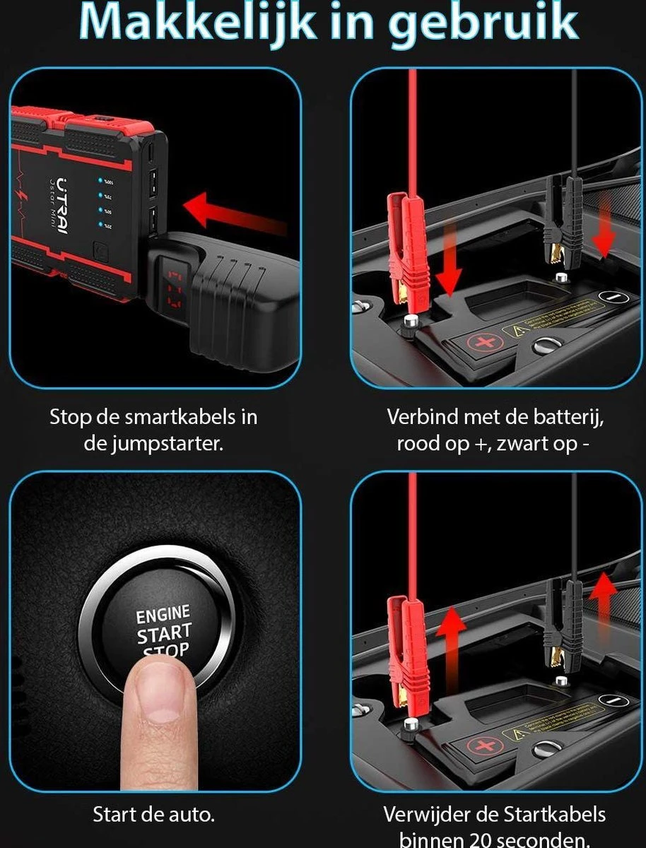 UTRAI - Jump Starter Auto - Batterij 13000mAh - 1000A - Smart-Clip Power Bank Met Batterij Detectie Voor 12V - Auto Booster Jumpstarter Mini 5 UTRAI - Jump Starter Auto - Batterij 13000mAh - 1000A - Smart-Clip Power Bank Met Batterij Detectie Voor 12V - Auto Booster Jumpstarter Mini - Afbeelding 5