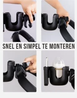 Merkloos Allernieuwste Universele Bekerhouder PLUS Telefoonhouder Voor Kinderwagen, Buggy En Fiets - Kinderwagen Accessoires - Combi 2-in-1 - ZWART -Lionelo Winkel 945x1200 3